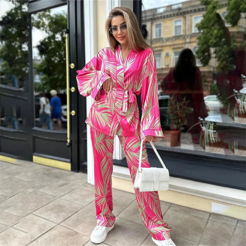 Fashion New Printing Women's Pajamas Set Silk Satin Sleepwear Female Long Sleeve Home Clothes Versatile Casual Pijama Mujer