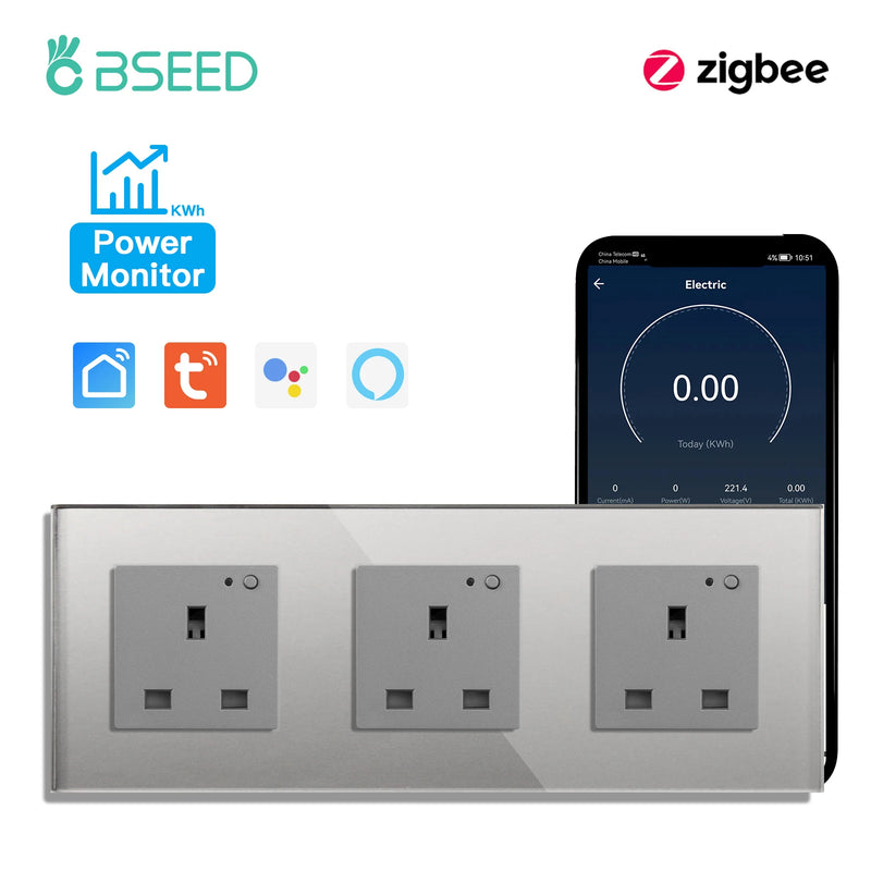 BSEED UK Standard Zigbee Power Monitor Socket Smart Double Electric Power Outlets Tuya Smart Iife Google Home Control 13A