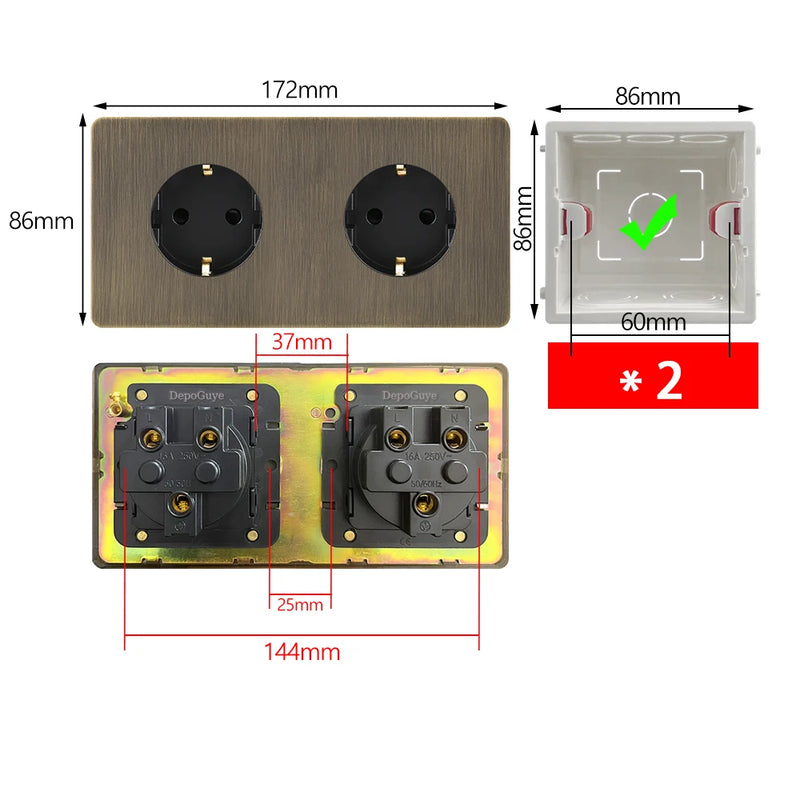 172 Type Retro Double EU French Metal Wall Power Socket Panel,Black/White Brushed Stainless Steel Antique Outlet Brass For Home