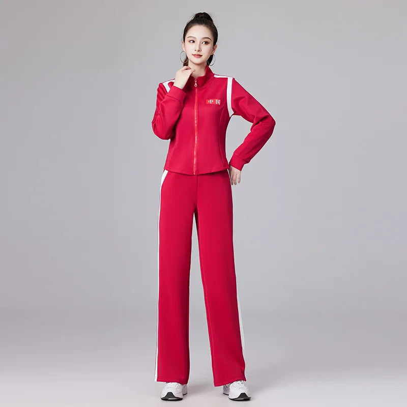 Women's Red Two-piece Sports Set for Spring and Fall, Featuring A Jacket with White Stripes and Matching Pants, Asian Sizes 6XL.