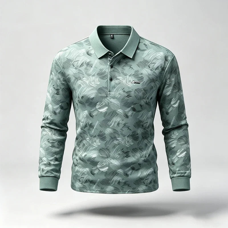 Mens Turn Collar Polo Long Sleeve Tops Premium Printed Material Button Closure Small Logo Decoration Male Clothing