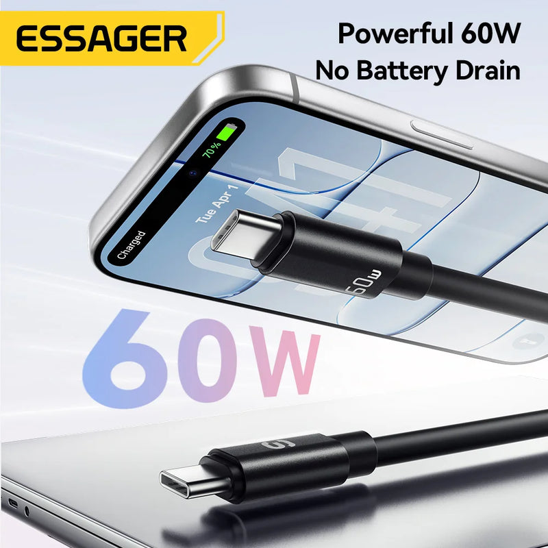 ខ្សែសាក Essager 60W USB Type C Lanyard ខ្សែខ្លីសម្រាប់ Samsung S25 S24 Xiaomi iPhone 17 16 15 Pro Type C ដល់ Type C Cable