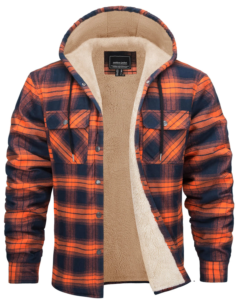 TACVASEN Mens Sherpa Lined Flannel Hoodies Jacket Heavyweight Hooded Fleece Thicken Warm Button Down Plaid Jacket Outwear Coats