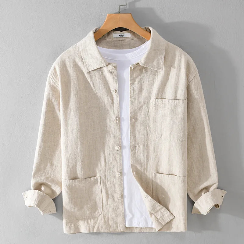 70% ramie 30% cotton high-quality men's long-sleeved shirt  daily casual wear, retro Harajuku style, solid color outdoor jacket