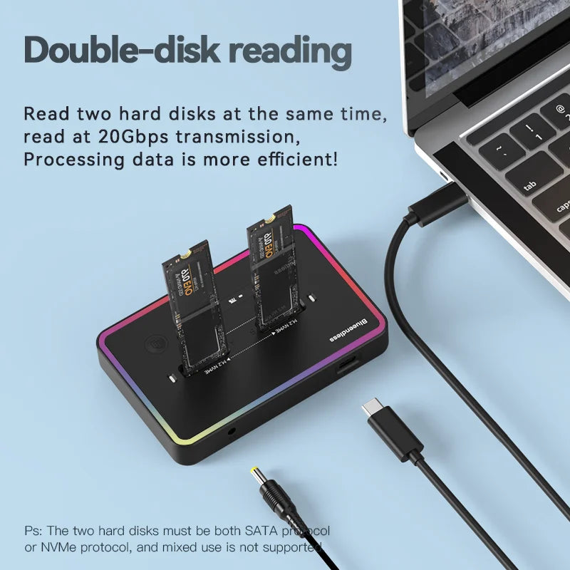 ប្រអប់ SSD M.2 ប្រភេទ SSD ប្រភេទ C 10Gbps សម្រាប់ភ្ជាប់ SSD ប្រភេទ PCIe NVMe ឬ SATA 2 Bay ដោយគ្មានអ៊ីនធឺណិត Blueendless