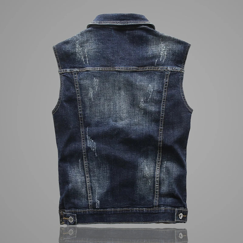 2026 New Men's White Sleeveless Denim Jacket, Single Breasted Lapel Vest Coat Blue Gray Black Denim Tops Waistcoat M-5XL 6XL