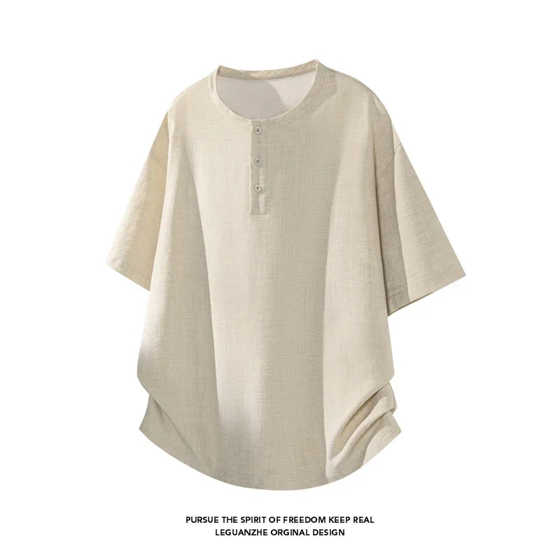 Men Linen Blend Henley Button Collar Short Sleeve Tee Oversized Silhouette Top For Everyday Summer Casual Commute Dressing