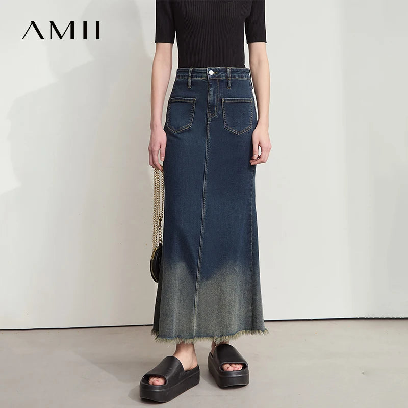 AMII Elegant Summer Skirts for Women 2026 Midi Straight Elastic Clothing Woman Fashion Gradient Denim Long Skirt Female 12552061