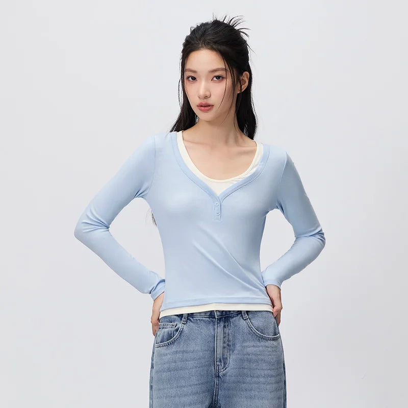 Semir Women Tshirt Long Sleeve Short Contrast U Neck Faux Two Piece Slim Tight Casual Autumn Top Daily Wear 2026