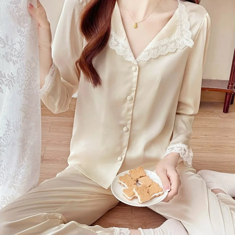 Elegant Sleepwear Women’s Loungewear 2 Pieces Set for Woman Clothes Pajamas New Spring Autumn Long Sleeve Thin Home Clothes Set