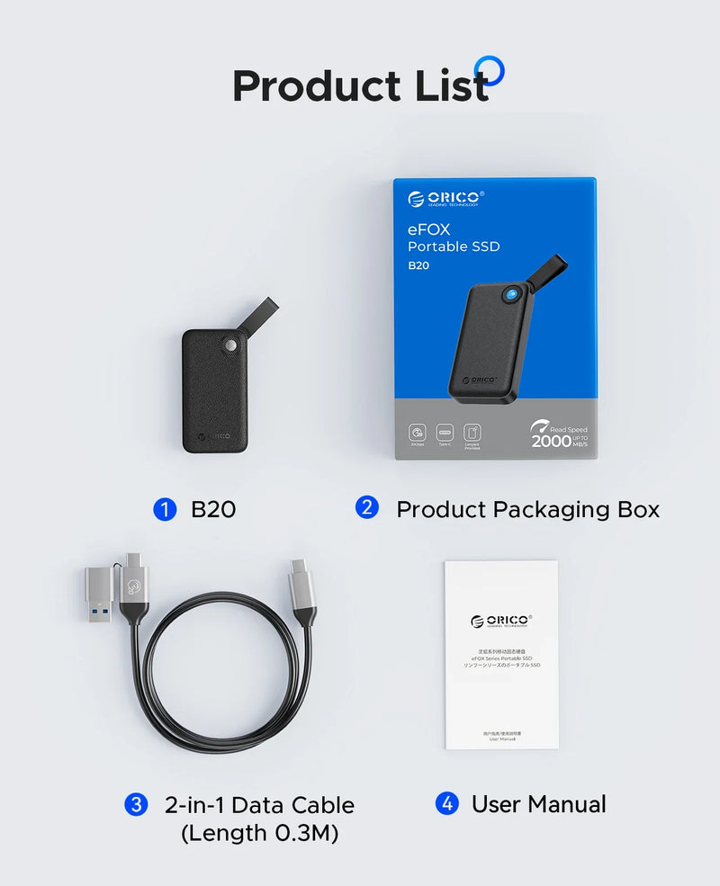 ORICO 2TB Portable SSD Up to 2000MB/s USB 3.2 Gen 2x2 Ultra-Mini Compact with 2 in 1 USB C Cable, External Solid State Drive