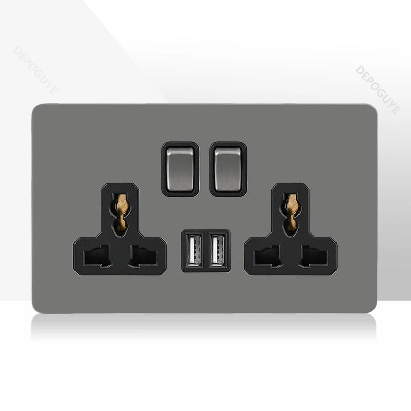 Retro Toggle Switch 1-4 Gang 2 Way Light Switch,EU French Plug Power Outlet Socket With Dual USB Stainless Steel Panel 86 Type