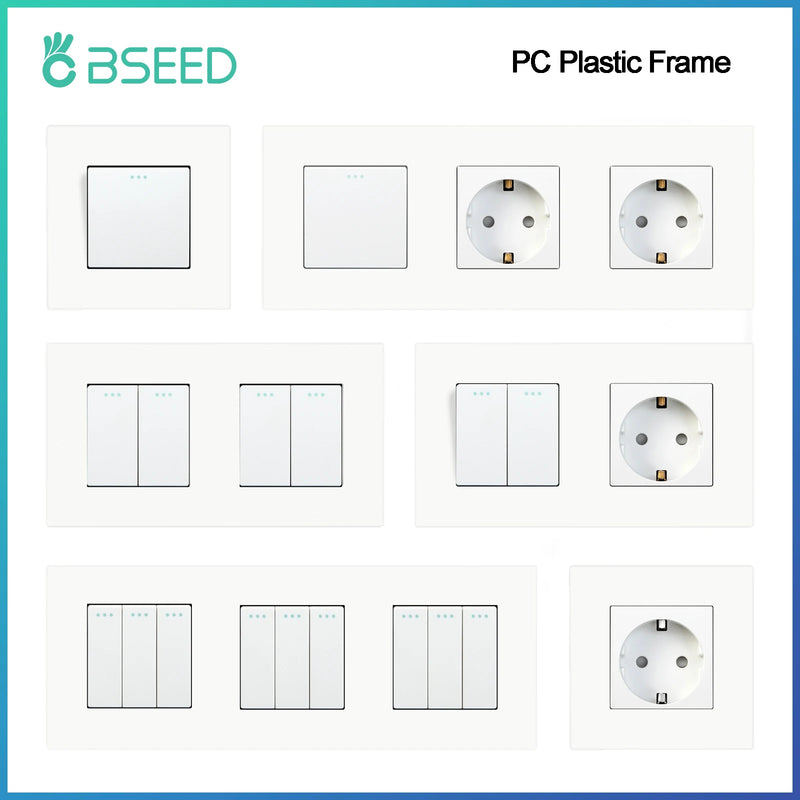 BSEED Mechanical Button Switch 1/2/3Gang 1Way Plus Wall Socket Power Outlets Plastic Panel Wall Light Switch On Off