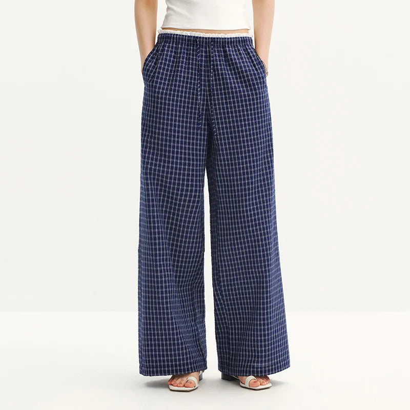 Semir Women Pants Plaid 2026 Textured Ruffle Trim Wide Leg Urban Casual Everyday Style Soft Comfortable Daily Wear Trendy