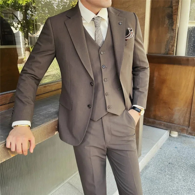 Men's Classic Solid Color Suit Set (Jacket, Vest & Pants) - Durable Anti-Crease Fabric Two-Button Blazer Wedding & Office Wear