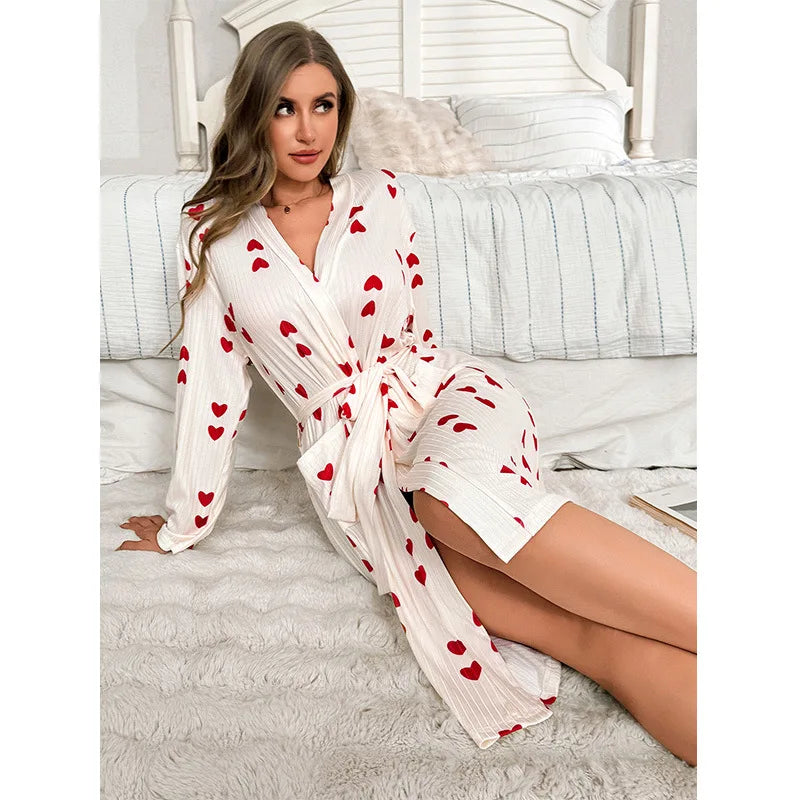 Fashion Long-sleeved Love-printed Home Clothes Spring Autumn Women Night Dress Four-season Night Gown Robes for Women Wedding