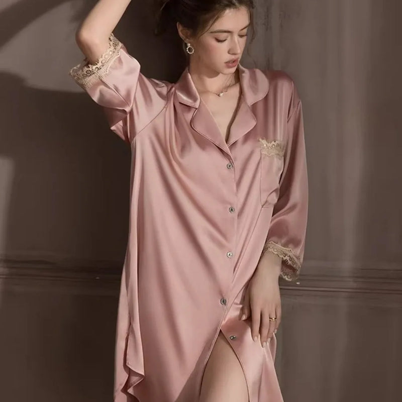 Ice Silk Women's Nightgown Summer Pajamas Dress New Lapel Night Wears for Females Sleeping Clothes Woman One Piece Homewear