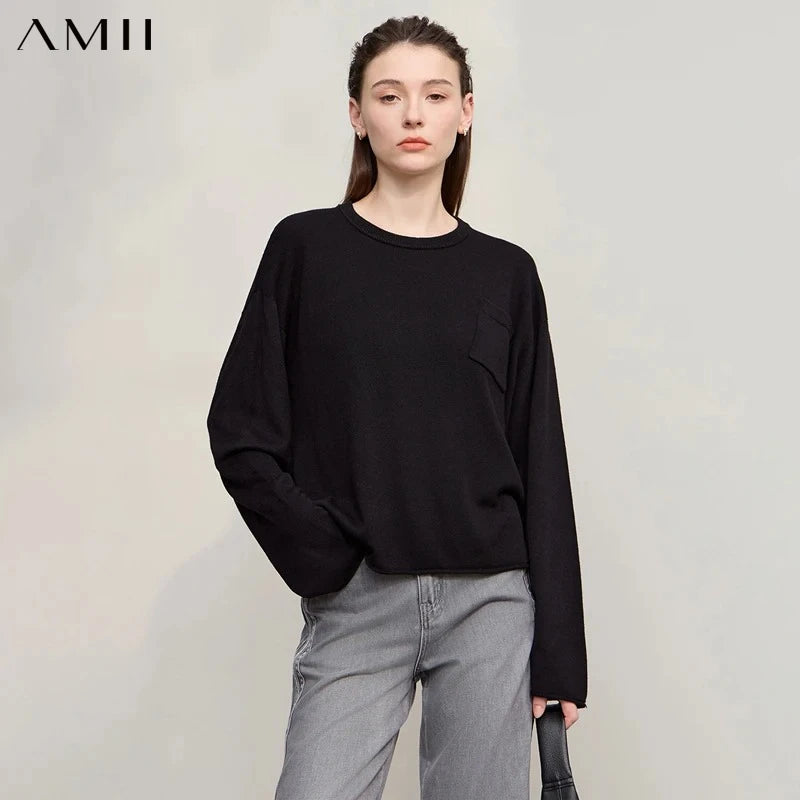 AMI Women's Sweater 2026 Autumn New Casual Knitted Round Neck Top Female Long Sleeve Loose Versatile Sweaters for Women12543085