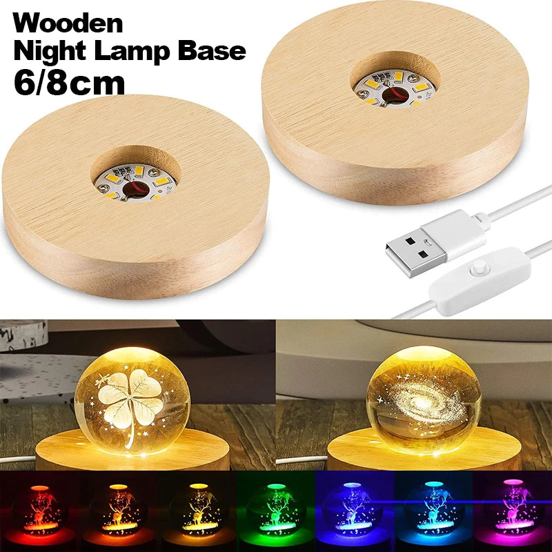 4pcs LED Wood Display Base Round USB Light Stand for Crystal Glass Resin Art Ornament Wooden Night Lamp Base LED Light Stand