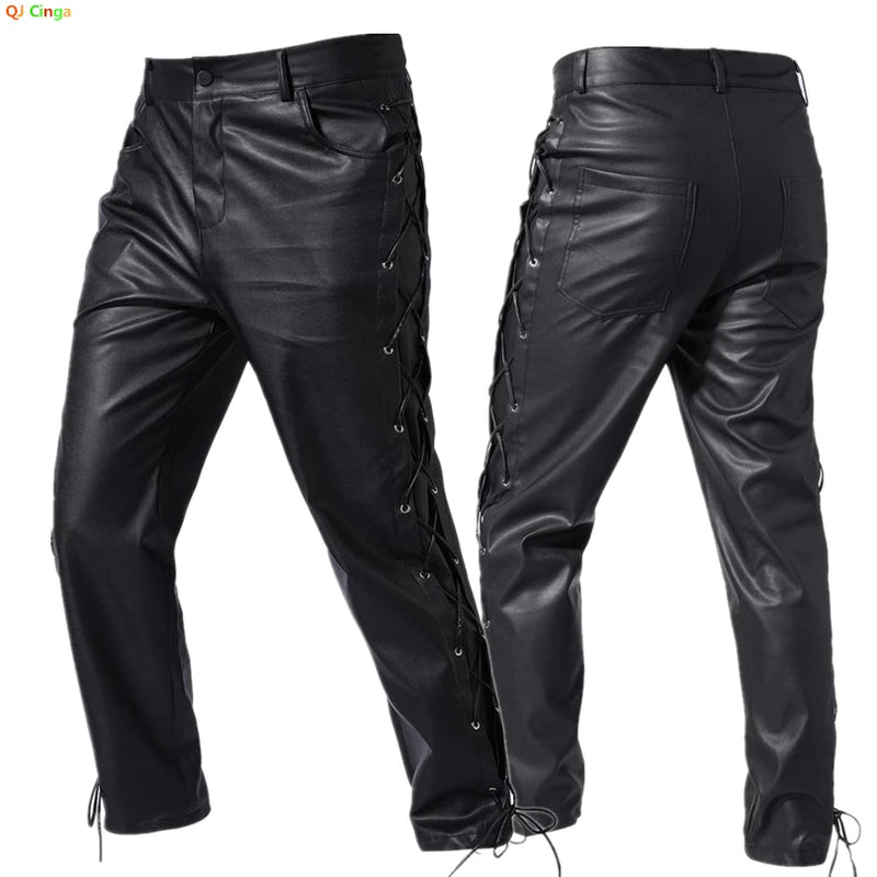 2026 New Men's Black PU Pants, Biker Faux Leather Trousers Red Fashion Casual Pant Lace-up Trim on Left and Right Sides S-5XL