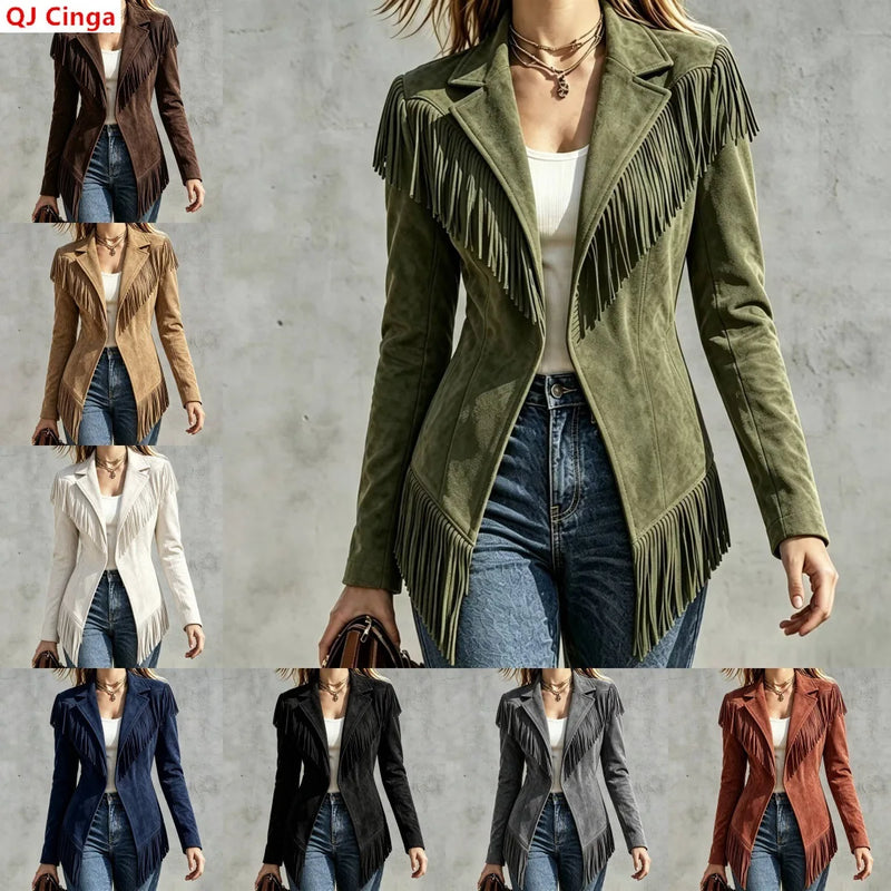 Lightweight Women's Long-sleeve Collared Jacket with Fringe Detailing; Available in Black, Red, Green, Khaki, Beige, Blue, Gray.