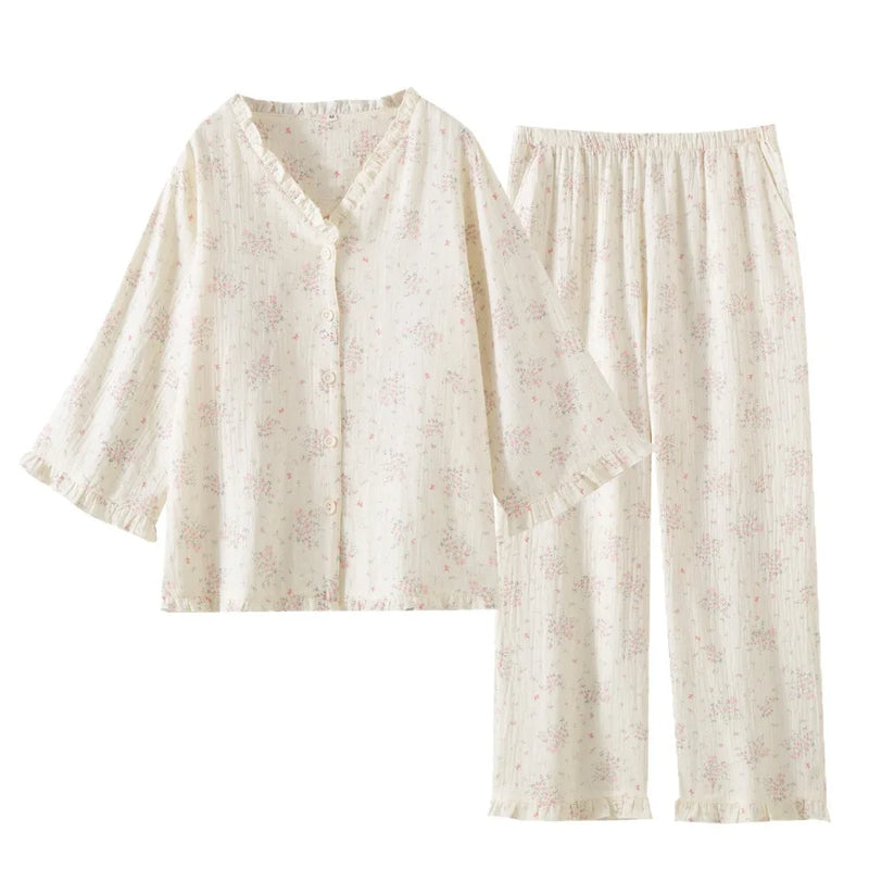 Floral Sleepwear 100% Cotton Women's Pajamas 2 Piece Sets V-neck Button Down Trousers Lounge Wear Spring Autumn Soft Nightwear