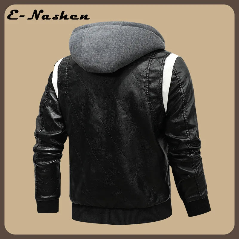 European and American-style Men's White Faux Leather Jacket; Black Hooded PU Motorcycle Coat with A Detachable Hood.