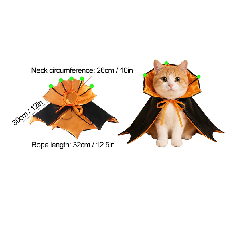 Halloween Vampire Cape for Cats & Small Dogs, Black Orange Bat Wing Pet Costume with Glowing Beads, Adjustable Elastic Straps