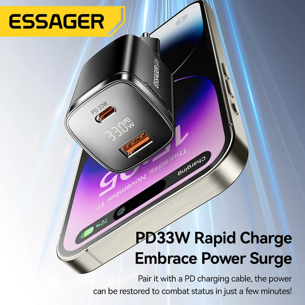 ឆ្នាំងសាក Essager 33W GaN USB Type C អេក្រង់ឌីជីថល PD សាកថ្មលឿនសម្រាប់ iPhone 17 16 15 14 Pro Max iPad Mini Xiaomi Samsung S22