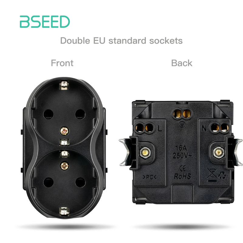 BSEED EU Wall Sockets Function Part European Double Sockets 220v Dual Outlets DIY Module Part Without Glass Panel White Black