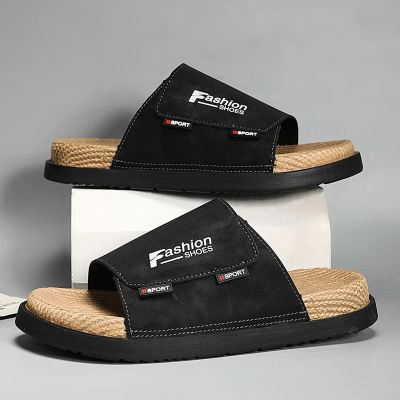 Summer Mens Adjustable Slippers Men Leather Slides Thick Soles Bottom Platform Slippers Sandals Soft Comfortable