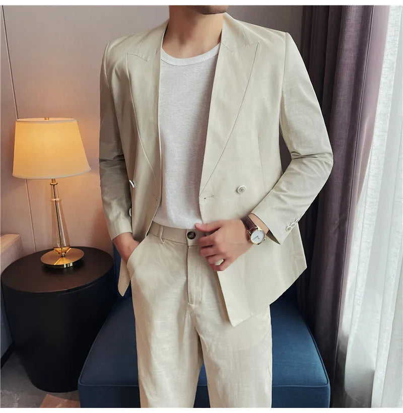 Men's Lightweight Linen45%-Cotton55% Blend Double-Breasted Suit Set – Breathable Collarless Blazer & Trousers Summer Business