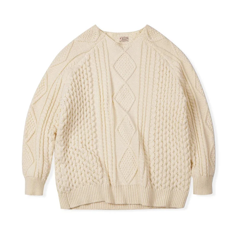អាវយឺតបុរស Maden Retro Aran រដូវស្លឹកឈើជ្រុះ និងរដូវរងា អាវប៉ាក់ក្រាស់ ពណ៌បន៍ត្នោតខ្ចី កមូល អាវយឺតត្បាញ អាវក្រៅសម្រាប់លេងកម្សាន្តបានច្រើនយ៉ាង