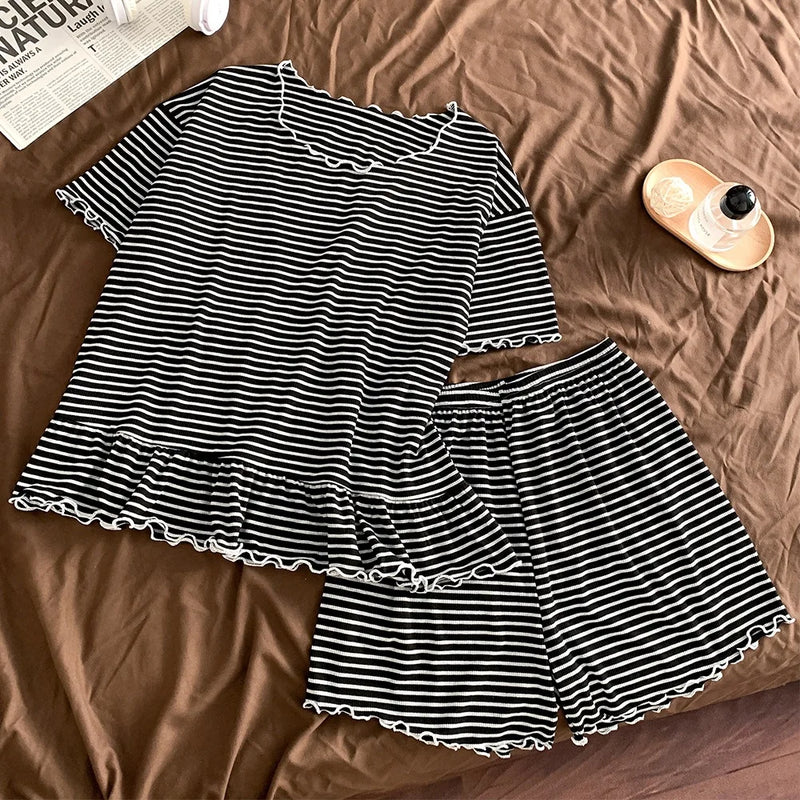 Striped Pyjamas Summer Short Sleeve Pajamas Set Soft Pijama Suit 2 Piece Set Sleepwear Women Night Clothes Night Wear Female