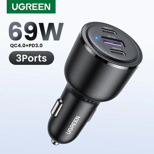 UGREEN 69W Car Charger USB Type C Dual Port PD QC 4.0 3.0 Fast Charging For Laptop Car Phone Charger For iPhone 15 14 13 Samsung