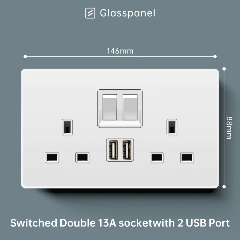 Luxury Skin Feeling Glass Wall Light Switch Button White UK Plug 13A Universal Wall 18W Type-C Fast Charging Socket