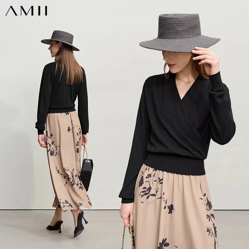 អាវយឺត Amii សម្រាប់នារីរដូវស្លឹកឈើជ្រុះឆ្នាំ ២០២៦ អាវយឺតក V បែបបារាំងថ្មី ដៃវែង ប៉ាក់ដោយស្ត្រី 12641001