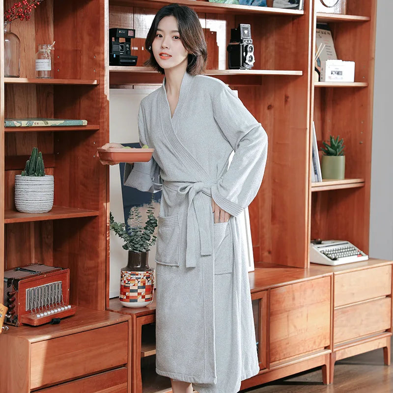 New Arrival Long Sleeve Men Women Bathrobe 2026 Spring Autumn V-Neck Couple Robes Lounge Wear Sleepwear Pure Color Loungewear