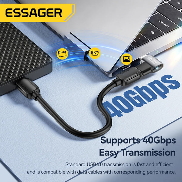 ឧបករណ៍ភ្ជាប់ Essager USB4.0 40Gbps OTG 240W ឧបករណ៍បម្លែងសាកថ្មលឿន 90 ដឺក្រេ USB Type C ឧបករណ៍ភ្ជាប់ទិន្នន័យសម្រាប់ទូរស័ព្ទ Macbook កុំព្យូទ័រយួរដៃ 8K60Hz