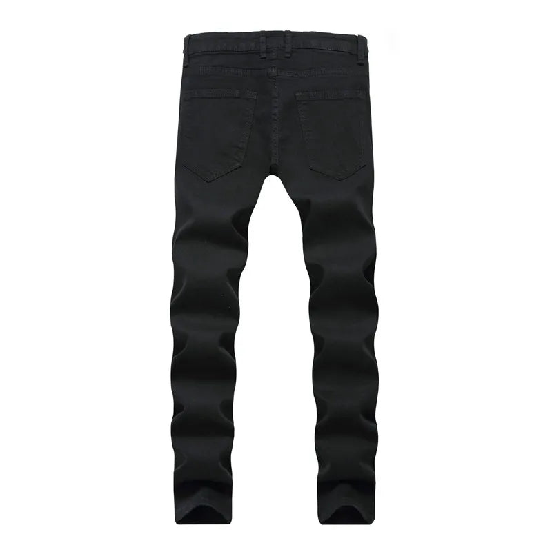 Men's Red Rose Embroidered Jeans, Black Blue Stretch Pants for Men White Fashion Pantalon Hole Decoration Male Slacks 28-42