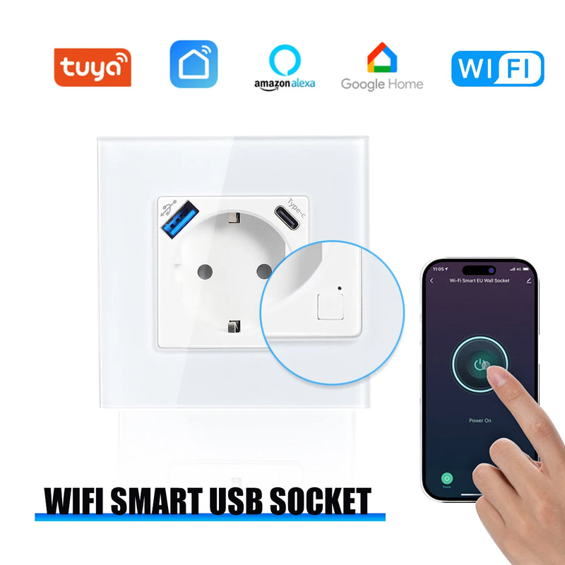 GEYA Wifi EU Socket With 20W Type-C USB Interface Fast Charging Ports Smart Sockets Support Tuya Smart Life Alexa App 16A
