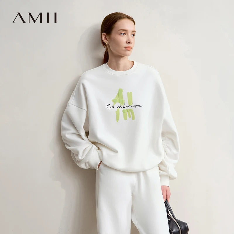 AMII Hoodies Woman 2026 Winter New Casual Round Neck Versatile Sweatshirts Woman Cotton Long Sleeve Letter Printing Top 12544181