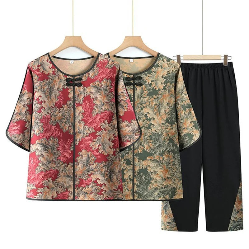 សំលៀកបំពាក់យាយធំ XL-6XL ឈុតសម្លៀកបំពាក់នៅផ្ទះរចនាប័ទ្មចិនថ្មីសម្រាប់ម្តាយបែប Retro ឈុតសម្លៀកបំពាក់ពីរដុំសម្រាប់រដូវផ្ការីករដូវស្លឹកឈើជ្រុះ ឈុតគេងធម្មតា