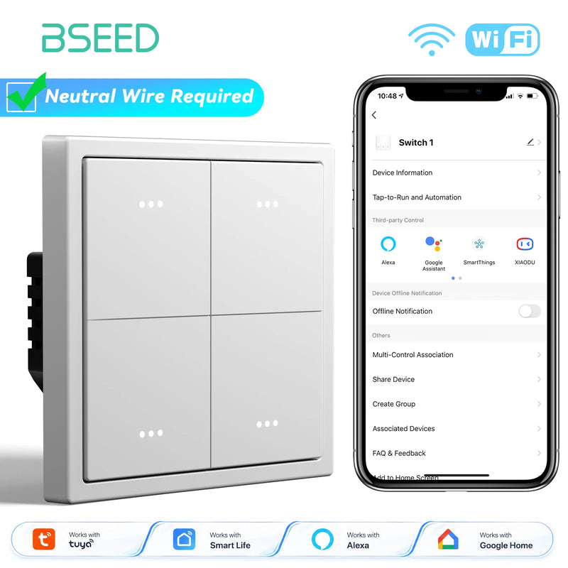 BSEED E Series WIFI Button Light Switch 1/2/3/4Gang 2Way Smart Click Button Switch Plastic Frame Tuya Smart Life Alexa Control