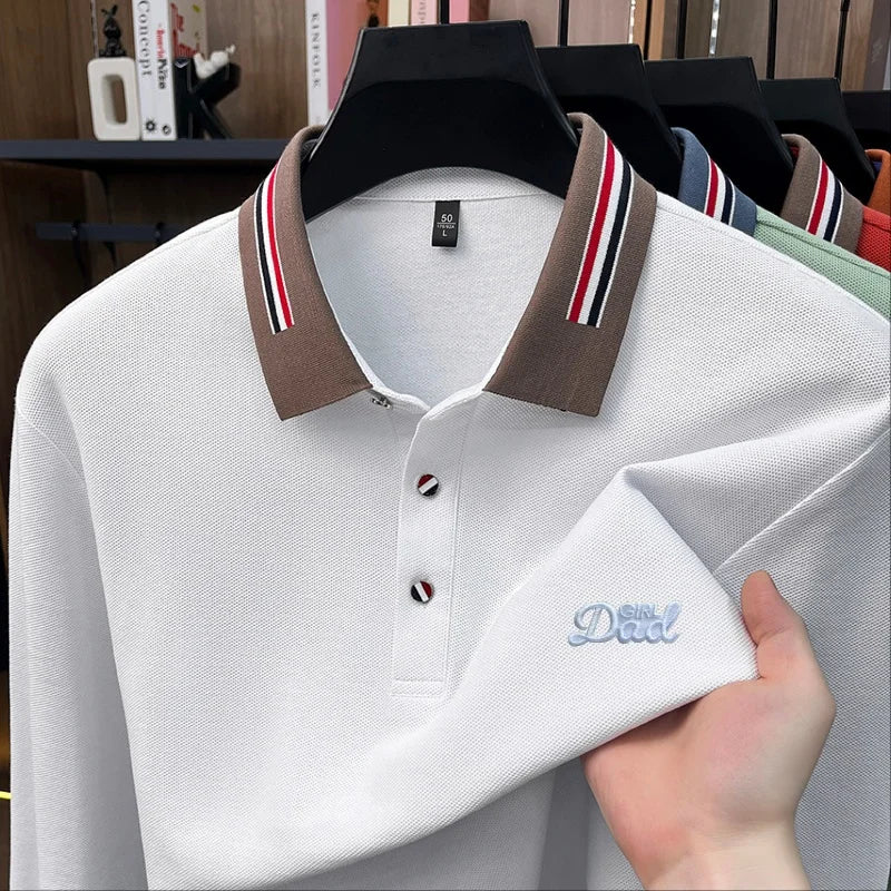 High Quality Man 100% Cotton Long-Sleeved Polo Shirt Lapel Button Letter Embroidery Autumn New Snug Leisure Versatile Men's Tops