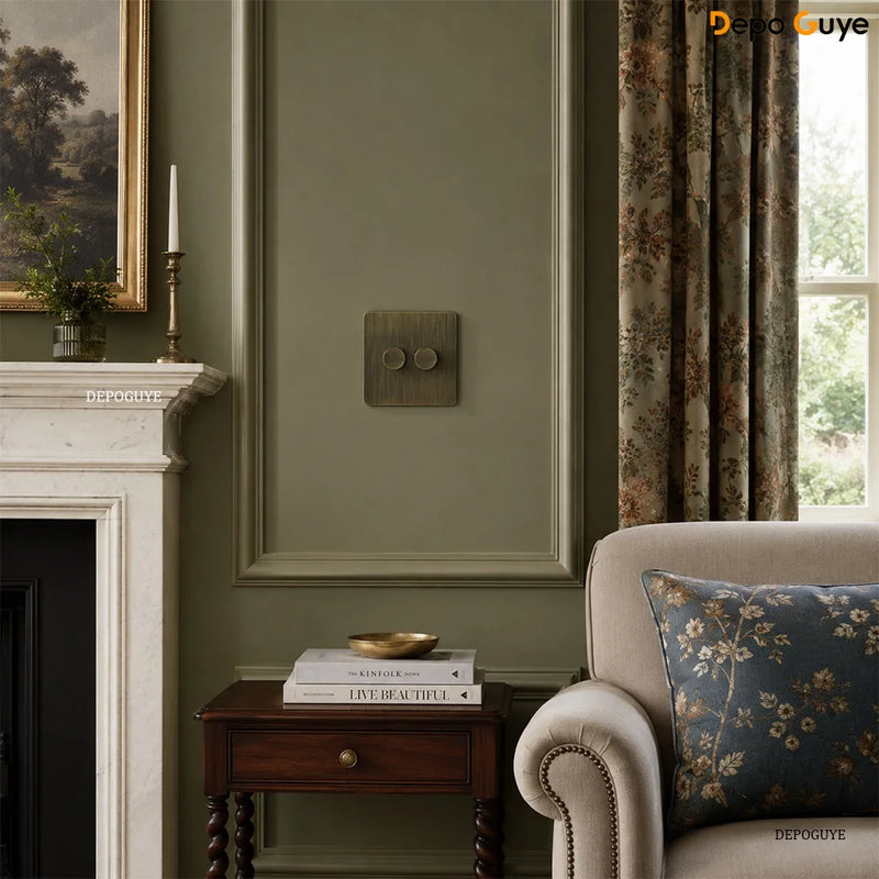 Vintage Antique Wall Switch Light Dimmer UK Standard Stainless Steel Panel Rotary Dimmer Switch Electrical Socket for Home Hotel