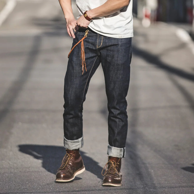 ខោខូវប៊យ Maden សម្រាប់បុរស 14oz ឆៅ Selvedge Denim Vintage Straight Fit Horsehide Leather Patch Paris Buckle Jeans សម្រាប់រដូវស្លឹកឈើជ្រុះ និងរដូវរងា
