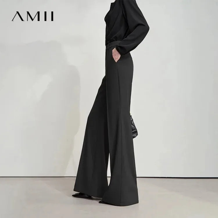 ខោ AMII Minimalist សម្រាប់ស្ត្រីធម្មតាឆ្នាំ ២០២៥ ម៉ូដរដូវស្លឹកឈើជ្រុះ ខោជើងធំពណ៌ខ្មៅប្រឆាំងនឹងស្នាមជ្រួញ ខោរលុង សម្លៀកបំពាក់ស្ត្រី 12523100