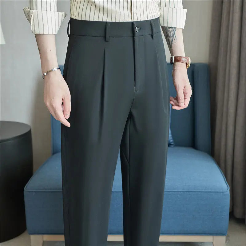 Men's Black Dress Pants for Summer and Fall; Gray Stretch Wide-leg Trousers for Spring; Asian Sizes 29–38.
