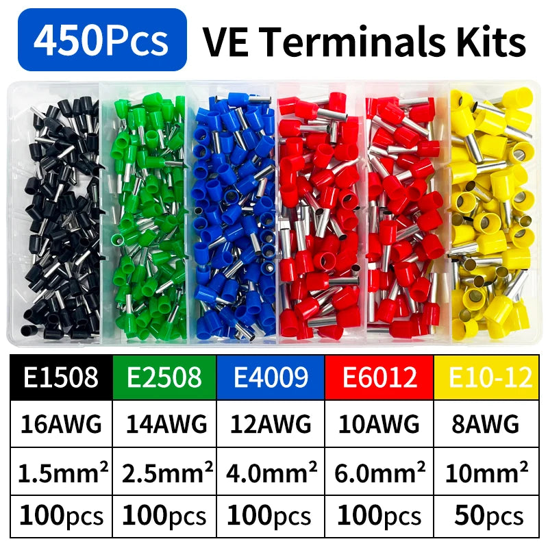 200/450/800/1250/1800/1900Pcs Sturdy Electrical Connectors with Pressure - Connection Ring Terminals E0508 E7508 E1008 E1508